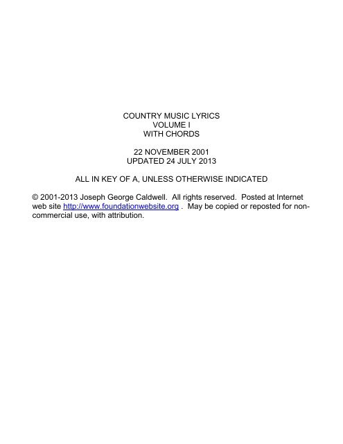 Country Music Lyrics Volume 1 With Chords