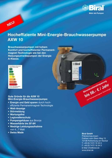 Hocheffiziente Mini-Energie-Brauchwasserpumpe AXW 10 - Biral