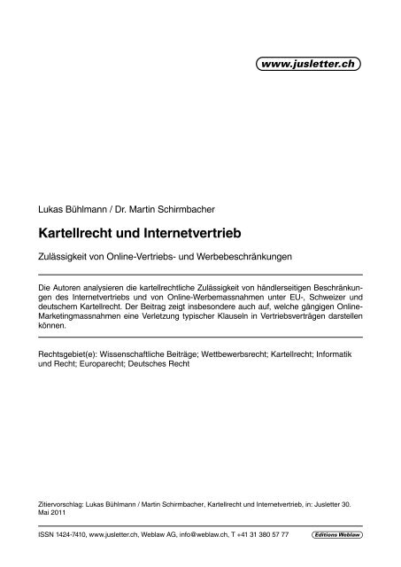 Kartellrecht und Internetvertrieb - bühlmann rechtsanwälte, zürich