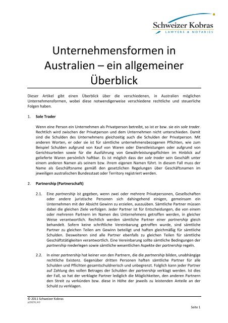 Unternehmensformen in Australien – ein allgemeiner Überblick