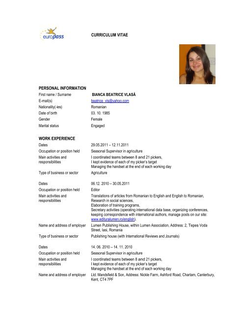 curriculum vitae personal information work ... - Editura Lumen