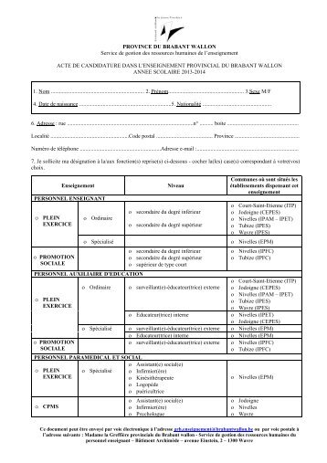 Formulaire pour les actes de candidature dans l'enseignement ...