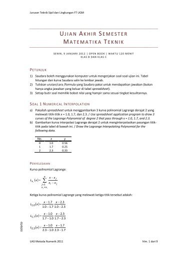 Penyelesaian Soal UAS Matematika Teknik 09Jan12 - istiarto