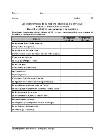 Les changements de la matiÃ¨re : chimique ou physique?