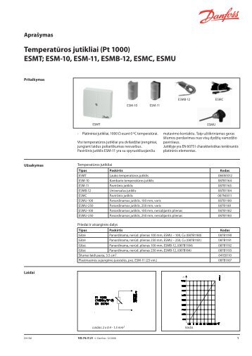 Temperatūros jutikliai (Pt 1000) ESMT; ESM-10, ESM-11 ... - Danfoss