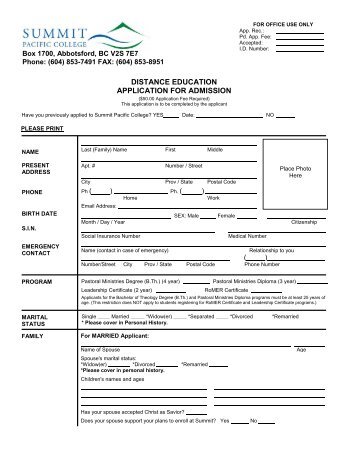 Application Form - Distance Education - Summit Pacific College