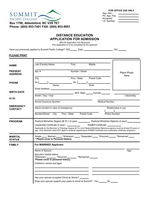 Application Form - Distance Education - Summit Pacific College