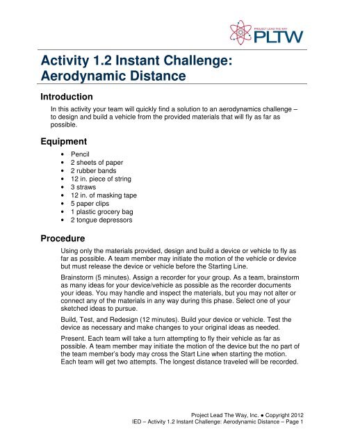 Activity 1.2 Instant Challenge Aerodynamic Distance Sharyland ISD