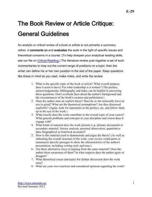 Instructions for Use of the Review Critique Template