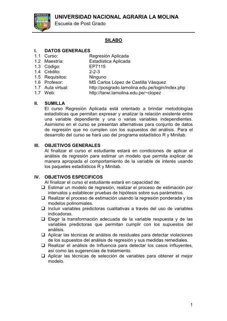 SÃ­labo RegresiÃ³n Aplicada - Universidad Nacional Agraria La Molina