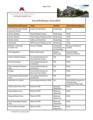 List of Proficiency Tests (2012) - Veterinary Diagnostic Laboratory