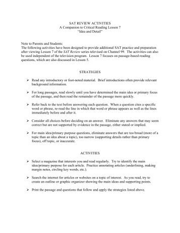 SAT REVIEW ACTIVITIES A Companion to Critical Reading Lesson 7