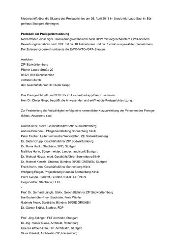 Protokoll der Preisgerichtssitzung vom 26.04.2013 - Feldsieper