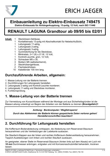 Einbauanleitung zu Elektro-Einbausatz 749475 RENAULT LAGUNA ...