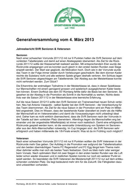 Bericht Senioren & Veteranen - SV Rümlang