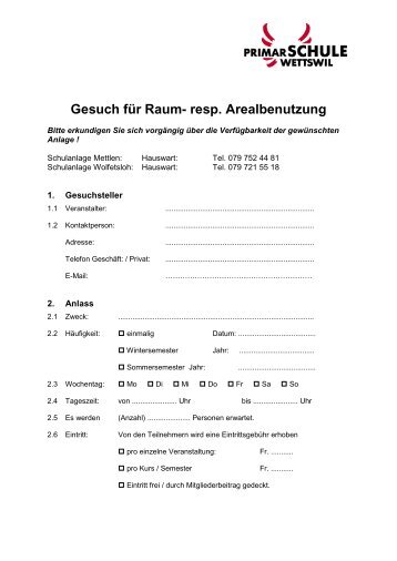 Formular Raumbenutzung - Primarschule