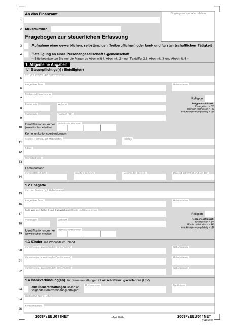 Fragebogen zur steuerlichen Erfassung