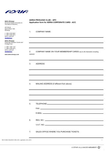 APC Application form for ADRIA CORPORATE ... - Adria Airways