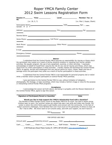 Roper YMCA Family Center 2012 Swim Lessons Registration Form