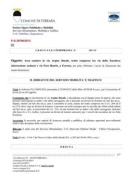 ORDINANZA CHIUSURA VIA ARGINE DUCALE - Comune di Ferrara