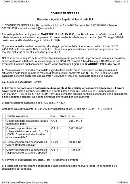 Appalto di lavori pubblici 1. COMUNE DI FERRARA - Piazza del ...