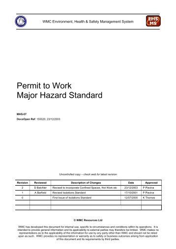 Permit to Work Major Hazard Standard - MIRMgate