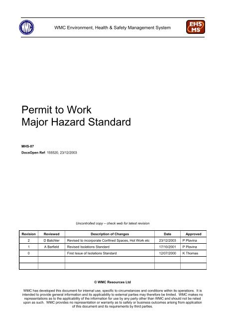 Permit to Work Major Hazard Standard - MIRMgate