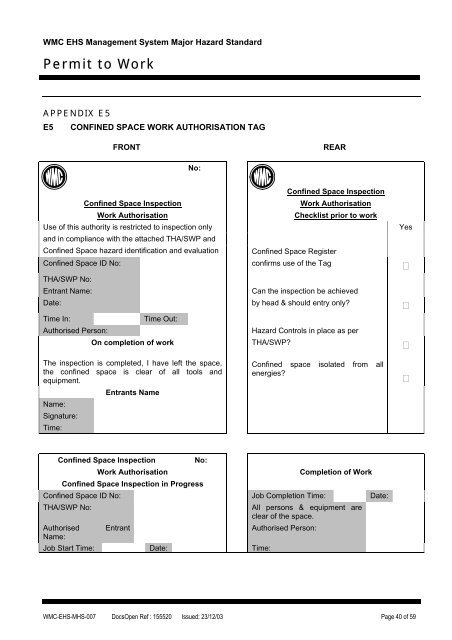 Permit to Work Major Hazard Standard - MIRMgate