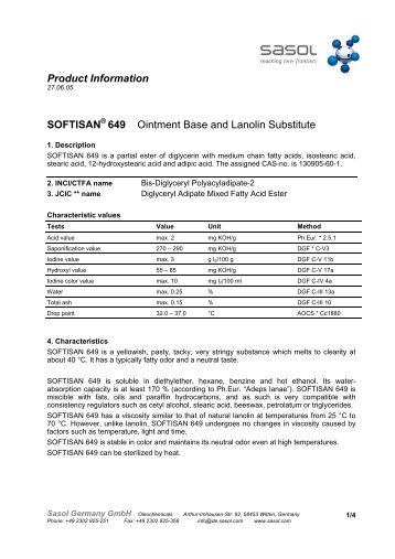 Product Information SOFTISAN 649 Ointment Base and Lanolin ...