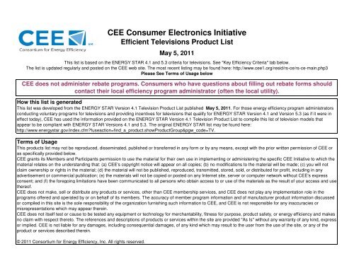 CEE Efficient Televisions Product List May 5, 2011 - Consortium for ...