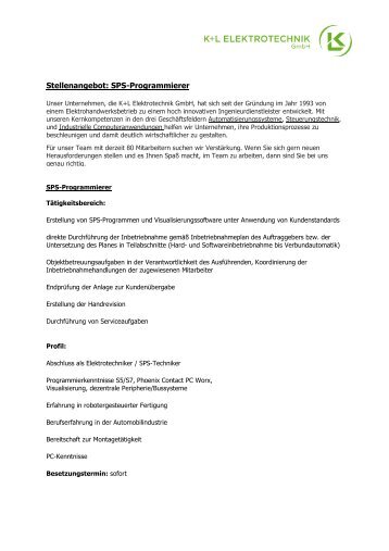 Stellenbeschreibung SPS Programmierer - ProfiSACHS