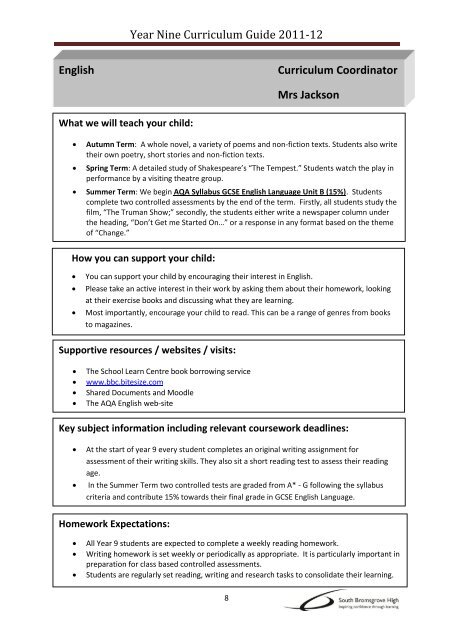 South Bromsgrove High Year 9 Curriculum Guide 2011/12