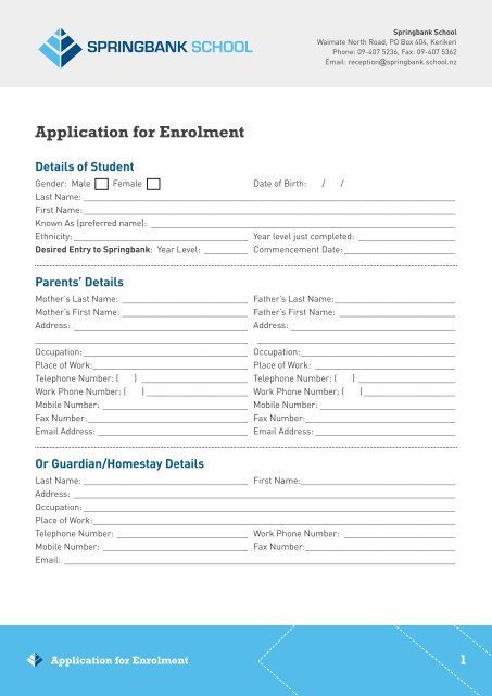 Springboard Application Form application form - Springbank School