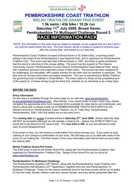 PEMBROKESHIRE COAST TRIATHLON RACE INFORMATION PACK