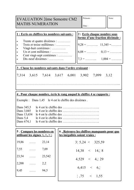 Evaluation 2a Me Semestre Cm2 Maths Numeration