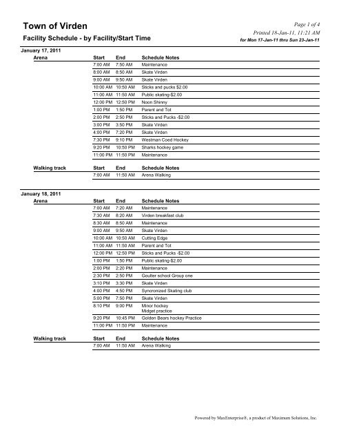 Facility Schedule - Town of Virden