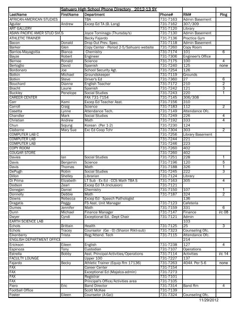 Sahuaro High School Phone Directory 2012-13 SY