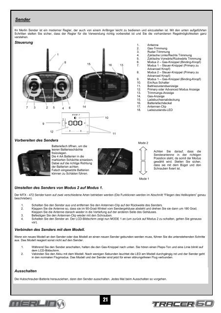 Bedienungsanleitung Merlin TRACER 60 RTF 2.4Ghz Hubschrauber