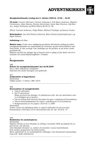 Menighedsrådsmøde torsdag den 8. oktober 2009 kl. 19.00 – 22.55 ...