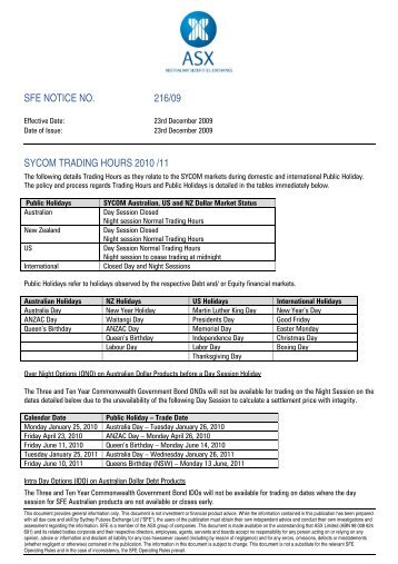 216/09 SYCOM Trading Hours 2010/11 - Australian Stock Exchange