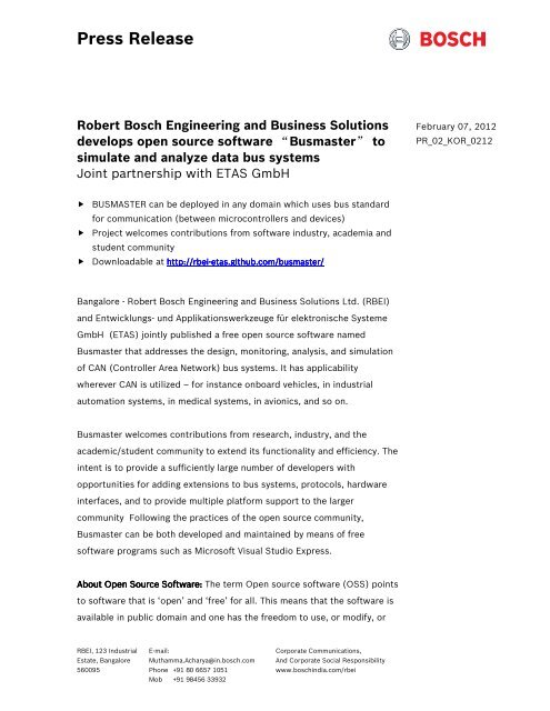 Press Release Robert Bosch Engineering And Business Solutions