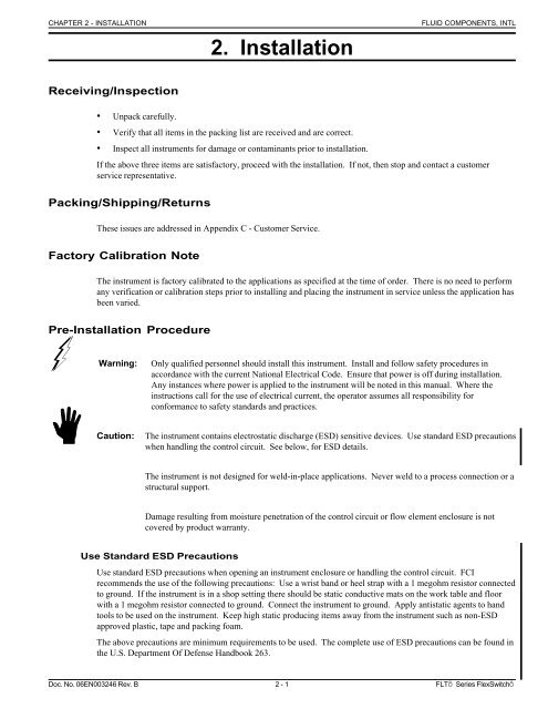 Manual Chapter 2 - Installation - Fluid Components International