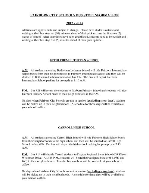 FAIRBORN CITY SCHOOLS BUS STOP INFORMATION 2012 - 2013