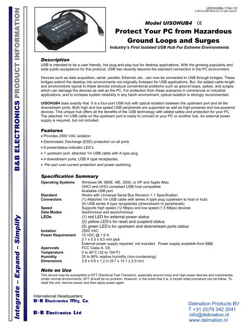 UISOHUB4 - Datasheet - USB 4 Port Optically Isolated ... - Delmation