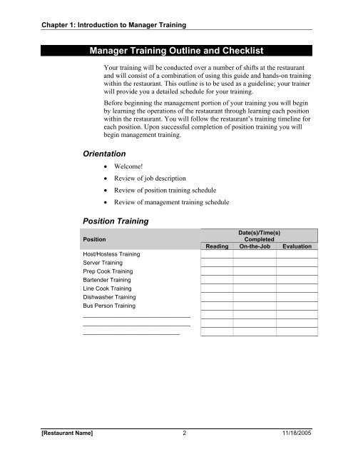 Manager Training Outline and Checklist