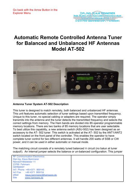 Automatic Remote Controlled Antenna Tuner For ... - Hamware
