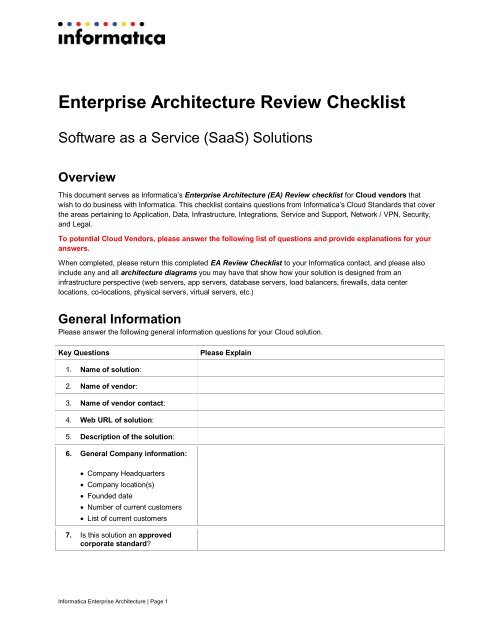 cloud vendor evaluation checklist - Informatica