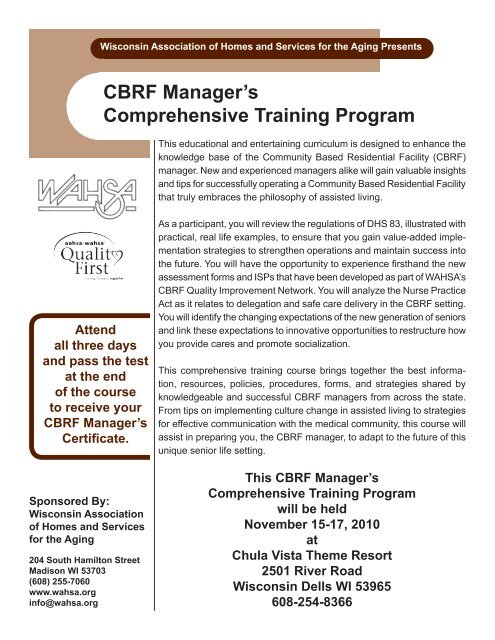 CBRF Manager's Comprehensive Training Program