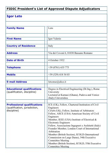 FIDIC President's List of Approved Dispute Adjudicators Igor Leto