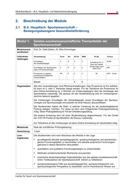 Modulhandbuch - Institut fÃ¼r Sport und Sportwissenschaft